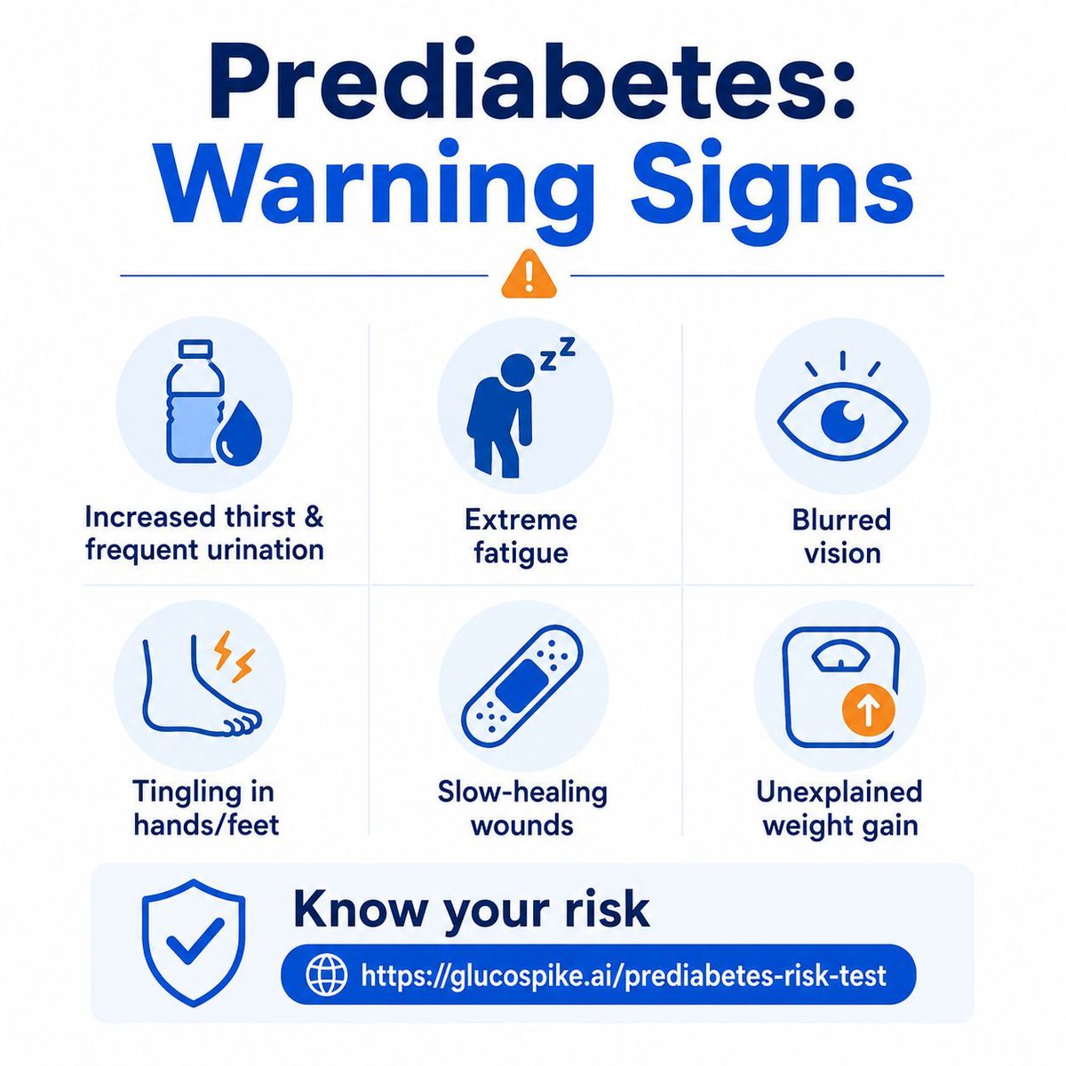 glucospike_ai's tweet photo. Prediabetes warning signs are often ignored 👇
• Extreme fatigue
• Increased thirst
• Blurred vision
• Tingling in hands/feet
• Slow-healing wounds
• Unexplained weight gain
Know your risk before it gets worse. Take the Prediabetes Risk Test
#Prediabetes #InsulinResistance https://t.co/W1mmNJTSp5