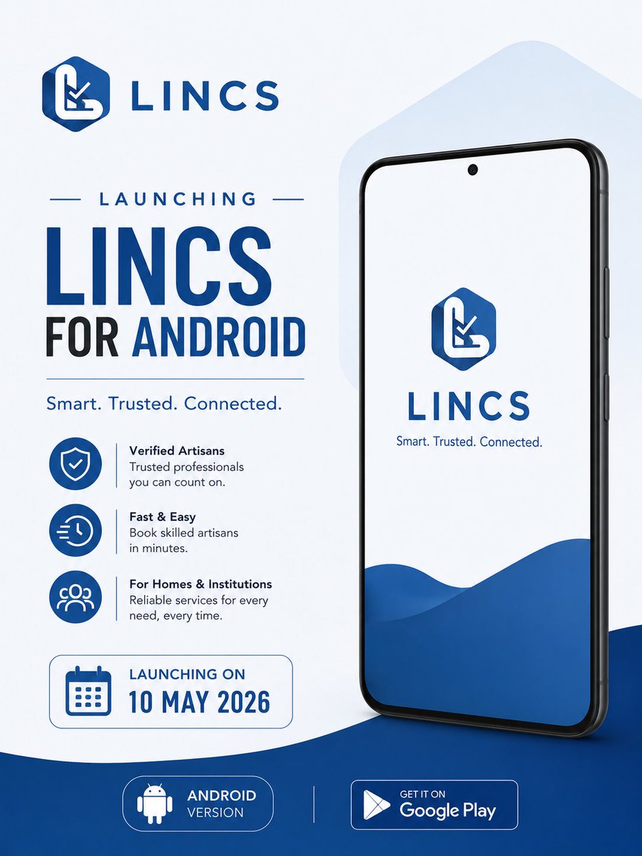uselincs's tweet photo. 🚀 Lincs for Android launches on 10 May 2026!
Find trusted and verified artisans for your home or business — fast, easy, and reliable.
✔️ Verified Artisans
✔️ Fast Booking
✔️ Reliable Services
📱 Coming to Android soon.
Follow @uselincs
#Lincs #UseLincs #AndroidLaunch #Nigeria https://t.co/FZUHoDG5lT