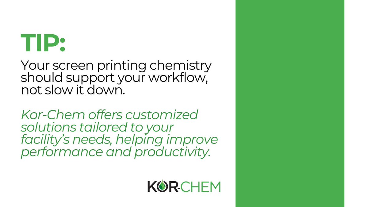 KorChemInc's tweet photo. Your screen printing chemistry should support your workflow, not slow it down.
Kor-Chem offers solutions designed to help improve efficiency and production performance.
#KorChem #ScreenPrinting #PrintTips #ProductionEfficiency #PrintingSolutions https://t.co/rslVxH0nhj
