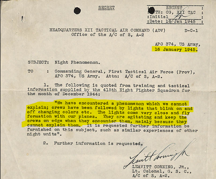 ParaN_rmal's tweet photo. Lt. Col Leavitt Corning requesting requesting information on the Foo Fighter phenomena dated January 16th 1945