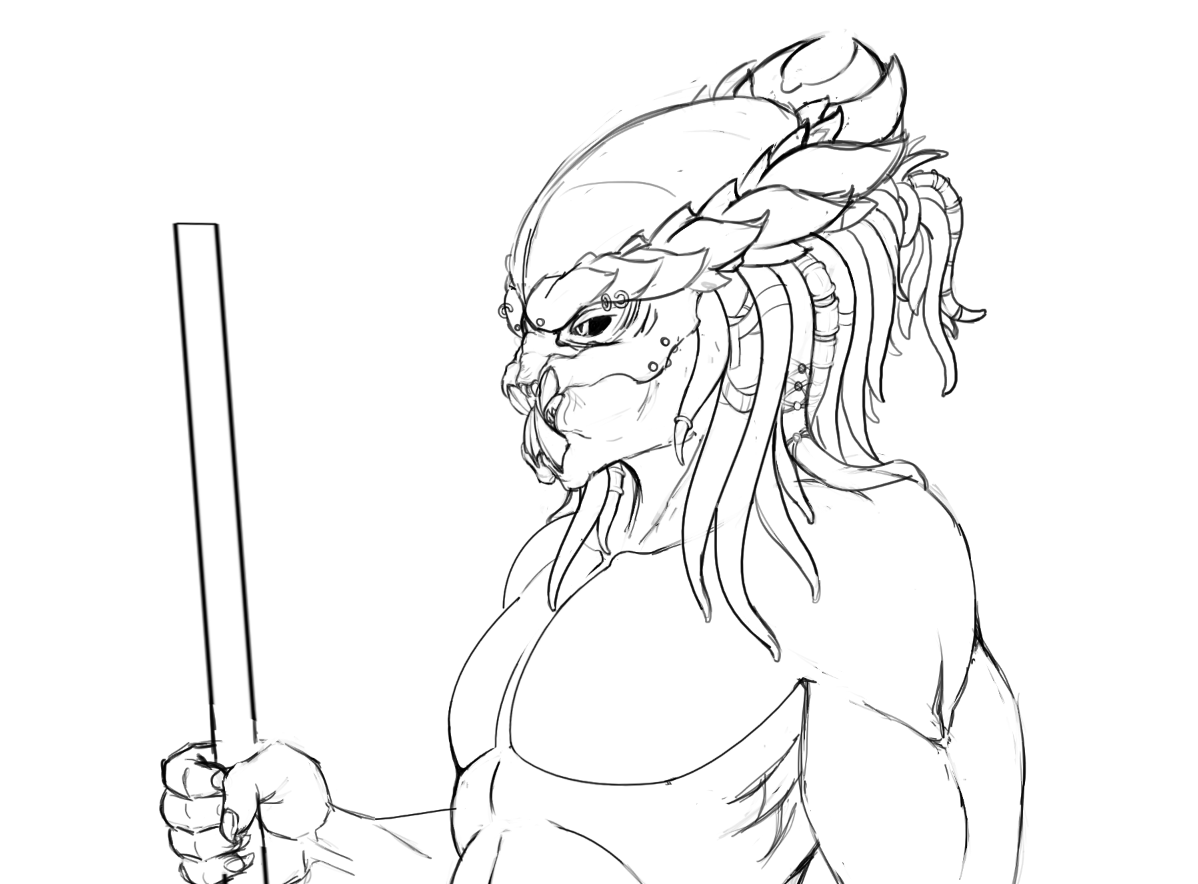 Det_Skeleton's tweet photo. First attempts at learning Krita... It's still not comfortable to switch between  eraser and  brush, but i think I may not know about some key settings, but damn, the tools are amazing. 
First sketch in Krita, Yautja warrior. I like how the dreadlocks came out :)
#Yautja #art https://t.co/kK9UfQpAZs