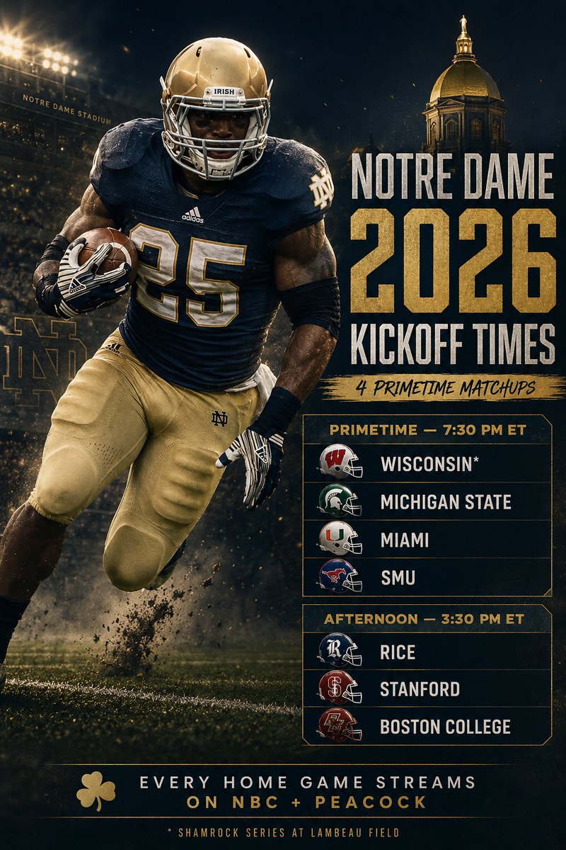 🚨JUST IN: Notre Dame dropped the 2026 kickoff times. Circle your dates. The schedule is set. 🏈☘️

Which game are you pulling up to? #GoIrish