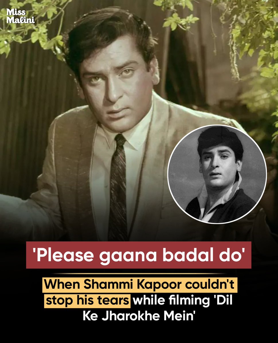 MissMalini's tweet photo. Shammi Kapoor was unable to control his tears while shooting the song 'Dil Ke Jharokhe Mein' for the 1968 film Brahmachari, as the deeply emotional lyrics and melody reminded him of his late wife, Geeta Bali, who passed away in 1965. He initially refused to shoot the scene, saying, "Please gaana badal do" (Please change the song) because he knew he would break down.

#missmalini #ShammiKapoor #News #DilKeJharokheMein
