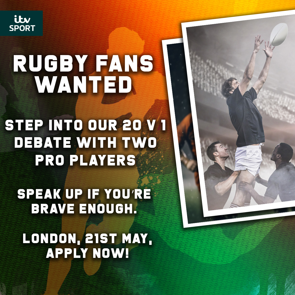 ITVRugby's tweet photo. 🏉 20 Fans. 1 Debate. 2 Pros.

Think you can hold your own against professional rugby players?

DM us for more information - must be available on 21st May 👊 https://t.co/bmEwWhoQdz