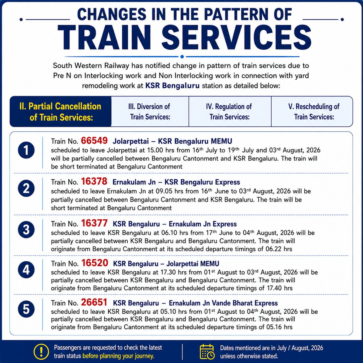 GMSRailway's tweet photo. Due to ongoing yard remodeling work at KSR Bengaluru, several train services will be partially cancelled, short-terminated, or regulated. 🚧🚆

Passengers are advised to check updated schedules and plan their journey accordingly.

#PartialCancellation #SouthWesternRailway #IndianRailways #Bengaluru #SouthernRailway