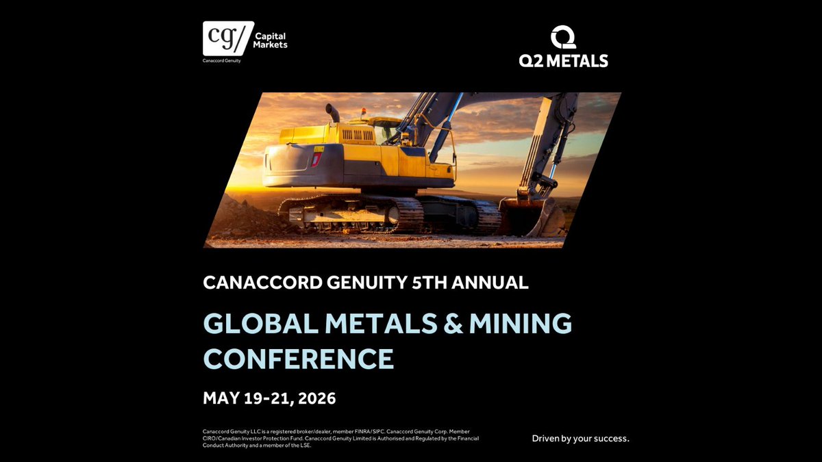 Q2Metals's tweet photo. 🗣️The Q2 Metals team is excited to participate in Canaccord Genuity’s 5th Annual Global Metals and Mining Conference. 

📍Henderson, Nevada  
🗓️May 19-21, 2026.

📱To attend, please contact your CG representative. https://t.co/DqcqIN5VsJ