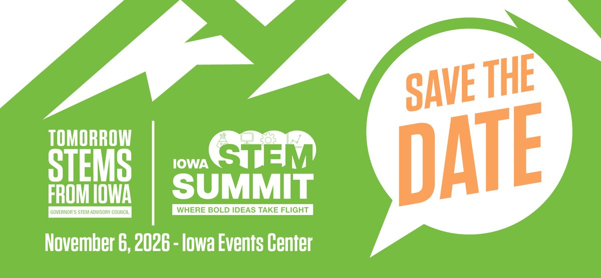 IowaSTEM's tweet photo. Save the date! 📅

The Iowa STEM Summit is coming back on November 6. Mark your calendars now and stay tuned for exciting updates and announcements here and via the Iowa STEM newsletter. https://t.co/K3yg5cD1aN