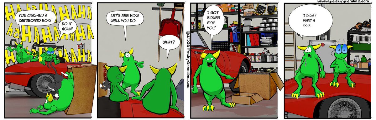 PeskyGremlins's tweet photo. Pesky Gremlins Comic 998
"Thinking Inside the Box"
https://t.co/5AuyyNVhaV 
#comic #comics #webcomic #webcomics #cartoon #cartoons #cartoonart #gremlin #gremlins #cartoonstrip https://t.co/xbJ90FHBha