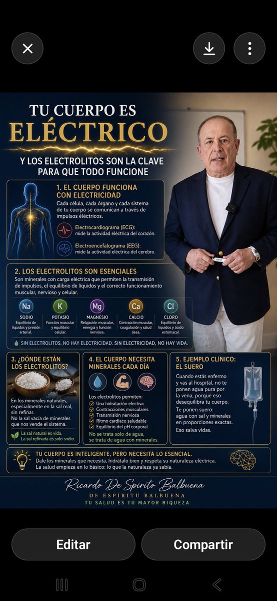 El cuerpo humano es eléctrico.
Por eso existen el electrocardiograma y el electroencefalograma. El corazón funciona con impulsos eléctricos. El cerebro también. Y para que exista electricidad en el cuerpo, se necesitan electrolitos. ¿Y dónde están los electrolitos? En la sal y en