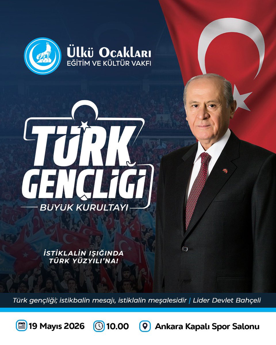 İstiklalin Işığında Türk Yüzyılı’na! 🇹🇷

Türk Gençliği Büyük Kurultayı 🐺

🗓️ 19 Mayıs 2026 Salı
📍 Ankara Kapalı Spor Salonu
🕙 Saat: 10.00