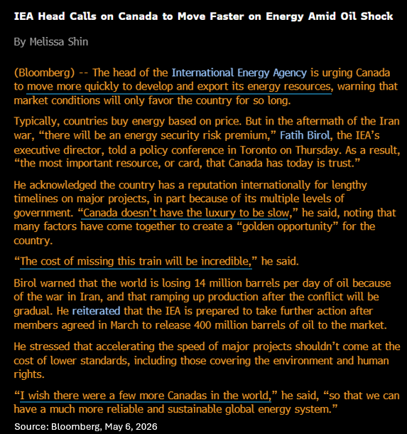 You know things are bad when even Fatih Birol of the IEA is saying that Canada needs to get its act together and start developing more oil projects!