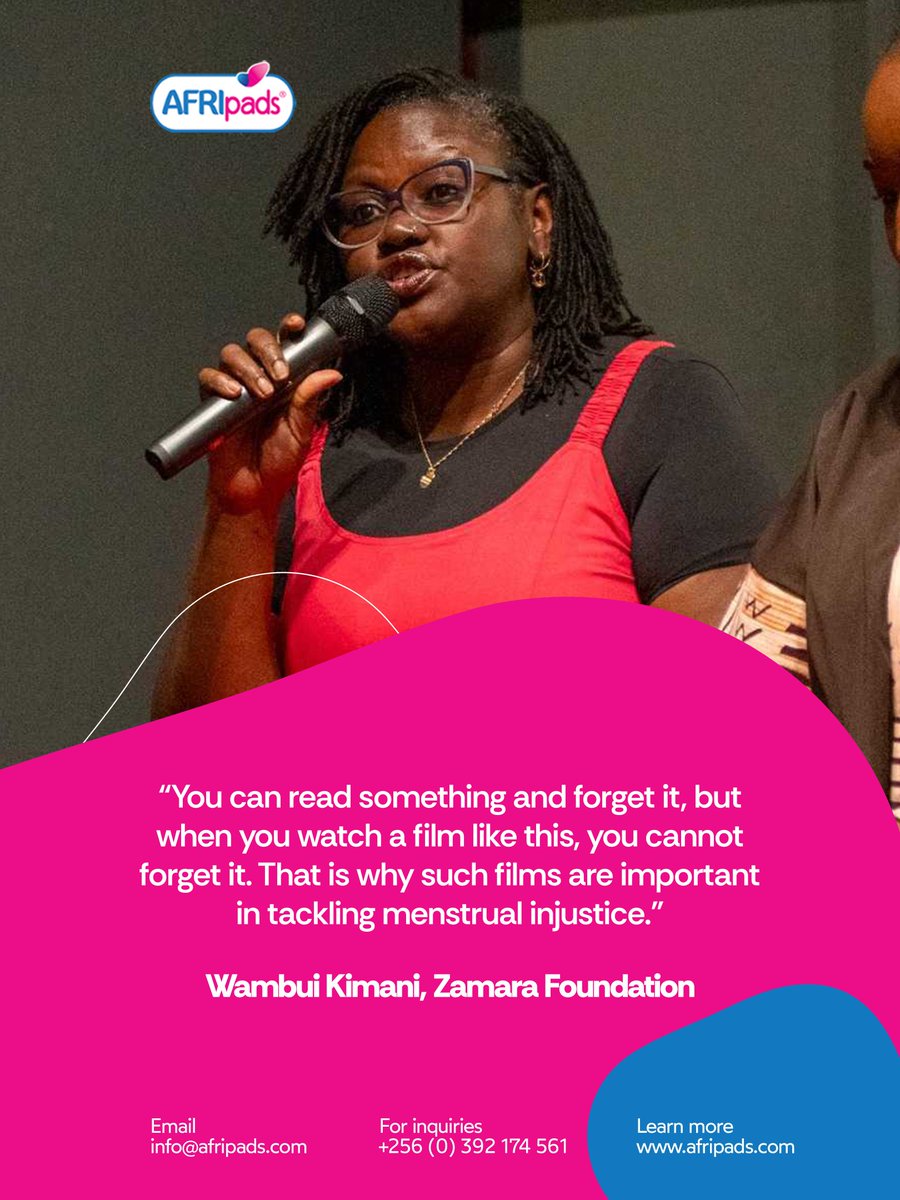 AFRIpads's tweet photo. More reflections from the Impure Film Screening in Kenya 

“To push for bigger gains in gender equality, menstrual health must be at the forefront.”
— Michelle Tjeenk Willink, CEO, AFRIpads. 

“You can read something and forget it, but when you watch a film like this, you cannot forget it. That is why such films are important in tackling menstrual injustice.”
— Wambui Kimani @KelsieKim, Zamara Foundation 

“There is a need for more discussions like these. Menstrual programming must incorporate hygiene, i.e., access to water, soap, and proper sanitation facilities. These are essential to achieving menstrual health
— Dr Rukia Nzibo, Centre for the Study of Adolescence  @CSA_Kenya

“This is an opportunity for all stakeholders to work together in advancing menstrual health, by supporting programmes that provide safe, high-quality menstrual products, promote menstrual health education, and help end stigma.” — Dido Doorman, AFRIpads. 

“The discussion around menstruation should start before menstruation begins, so that adolescents and young people are well prepared.” Aphline Awuor, Chairperson for the Youth Advisory Committee - Embassy of the Netherlands in Kenya @NLinKenya

Together for a period friendly world ❤️

#ImpureFilm #MenstrualHealthAwarenessMonth #EndPeriodStigma #MenstrualHealthForAll