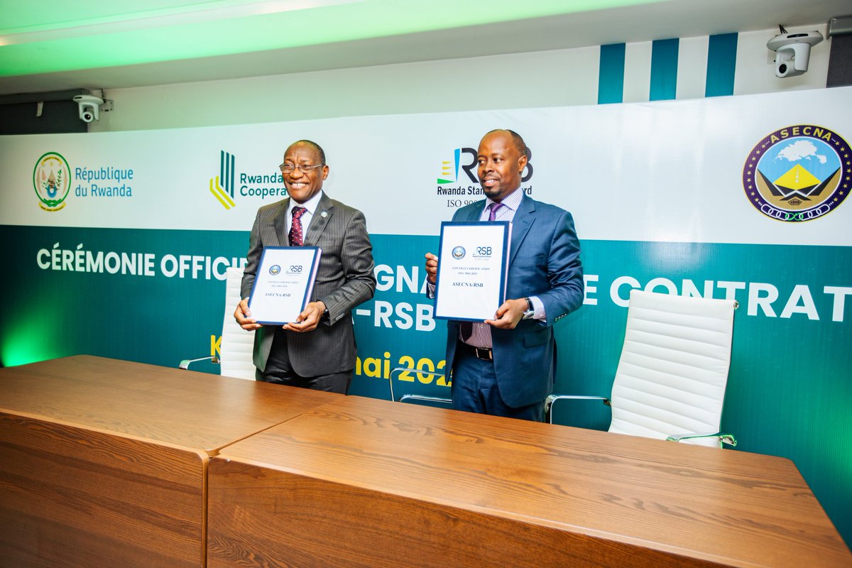 rwandastandards's tweet photo. AUJOURD'HUI, à Kigali, RSB et l'Agence pour la sécurité de la navigation aérienne en Afrique et à Madagascar (@AsecnaOfficiel ) ont signé un contrat de coopération portant le renforcement des capacités pour le personnel de deux parties et les services de certification ISO 9001. https://t.co/brWiOYw9jj