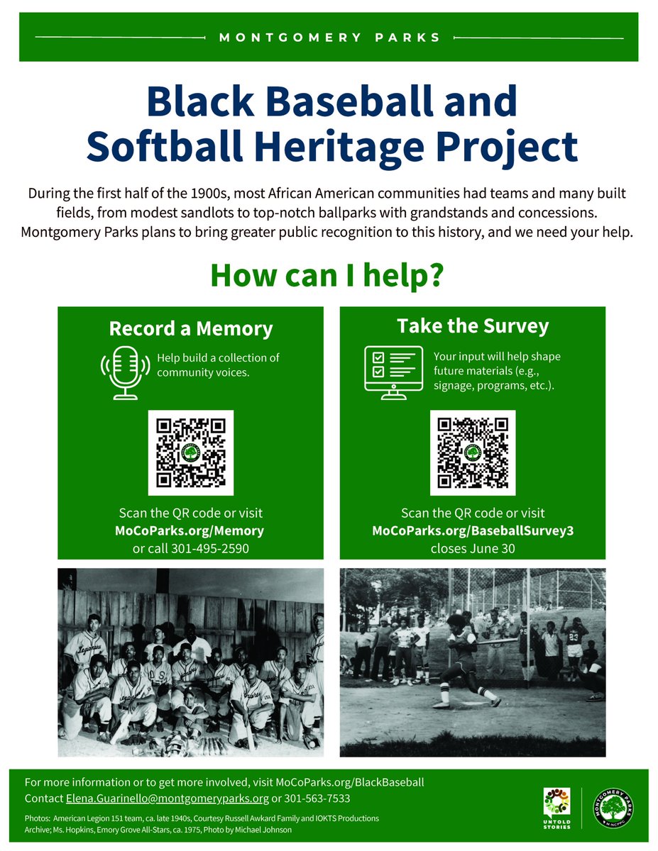 MoCoHistPres's tweet photo. Help Montgomery Parks tell the story of Black baseball and softball in the county!

Share the stories, people, and places that matter most, and help guide future programs and park exhibits! Take this survey by June 30 and visit their website for more https://t.co/fMQ1mShaKy https://t.co/VmSalaDuDI