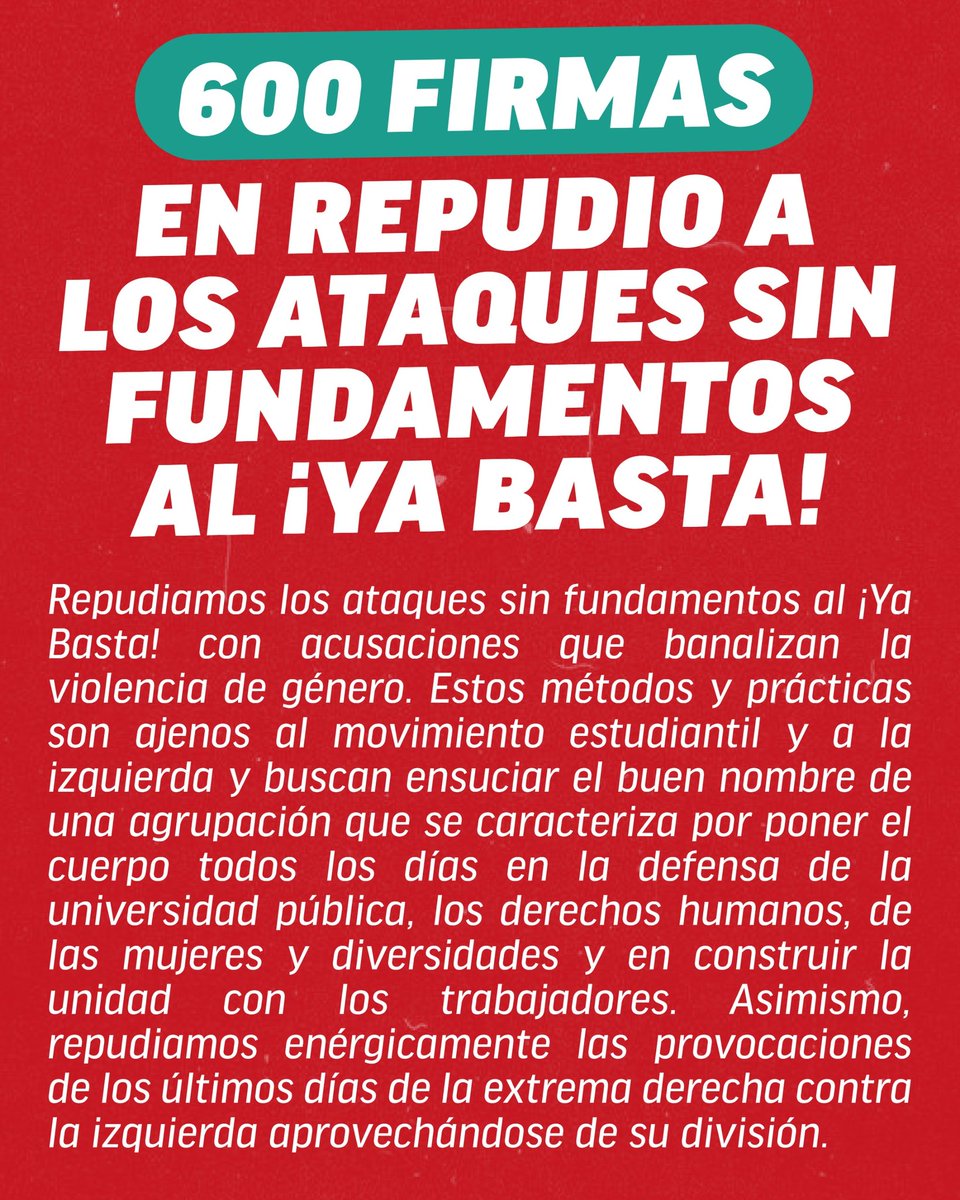 yabastafilo's tweet photo. 600 FIRMAS EN REPUDIO A LOS ATAQUES SIN FUNDAMENTOS AL ¡YA BASTA!

Estudiantes, docentes y nodocentes de Filosofía y Letras repudian las acusaciones falsas hacia el ¡Ya Basta! que banalizan la violencia de género. https://t.co/osy00j14gP