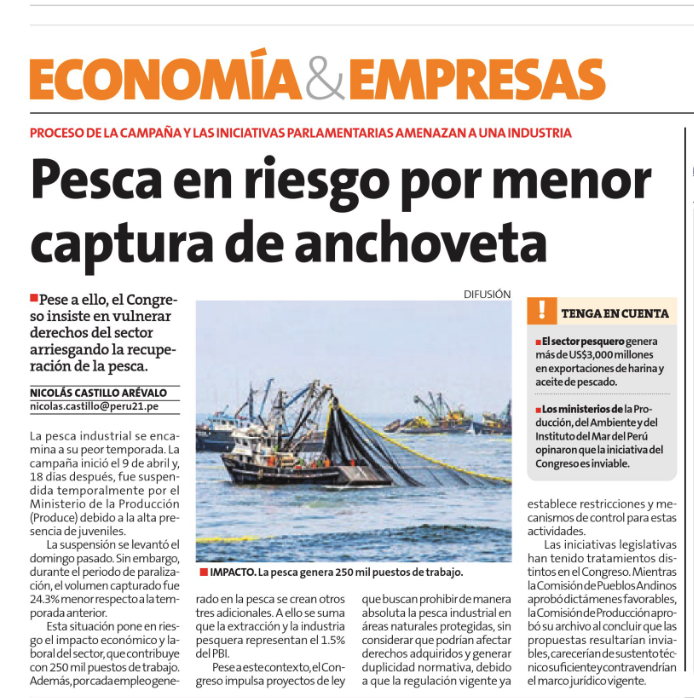 Ayer triunfó el lobby del fujimorismo y la Sociedad Nacional de Pesquería. El pleno no debatió el dictamen que busca prohibir toda actividad industrial en nuestras reservas marinas.
Y hoy Perú 21 (panfleto de la Confiep) saca un "informe" diciendo que la pesca "está en riesgo".