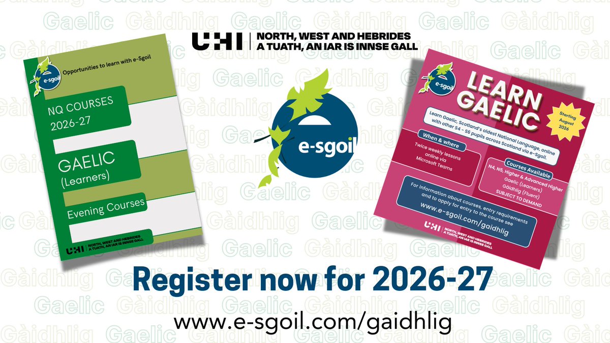 eSgoil's tweet photo. We are pleased to be partnering with UHI North, West and Hebrides to offer NQ Gaelic (Learners) and Gaidhlig courses for both adults (evening) and school aged learners (daytime).
Find out more on our website.
https://t.co/1WrCZbjDBW
#Gaelic #Gàidhlig
@UHI_NWH https://t.co/yk5rmplNOp