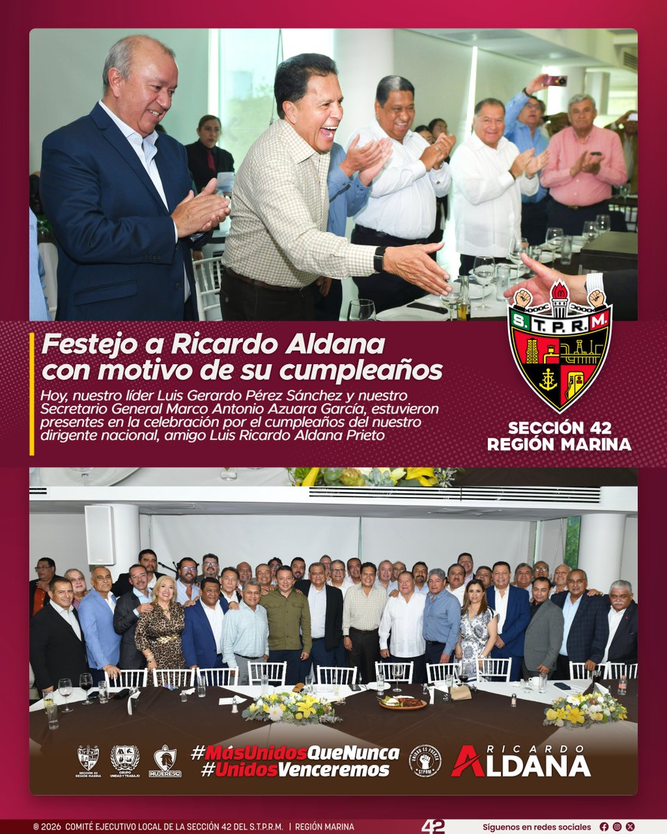 Seccion42_STPRM's tweet photo. La celebración por el cumpleaños del Ing. Ricardo Aldana Prieto reunió hoy a los secretarios generales y líderes de las secciones del STPRM. 

Una celebración llena de unidad y fraternidad sindical, en la que nuestro líder Luis Gerardo Pérez Sánchez estuvo presente acompañando muy de cerca a nuestro dirigente nacional en este día tan especial.

Desde la Sección 42 enviamos una fraternal felicitación al Ing. Luis Ricardo Aldana Prieto

#SomosSTPRM 
#MásUnidosQueNunca 
#UnidosVenceremos
@lgps03101
@MarcoAzuara1