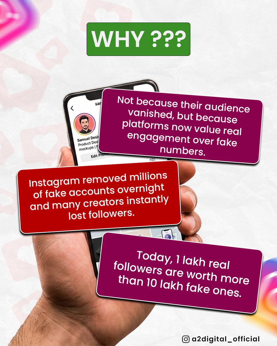 A2Digisolutions's tweet photo. “Overnight, Instagram removed millions of bot accounts and many creators lost followers.”

Proof that real followers matter more than fake numbers.

#Instagram #SocialMedia #DigitalMarketing #Engagement #Branding https://t.co/KvKJx70WhV
