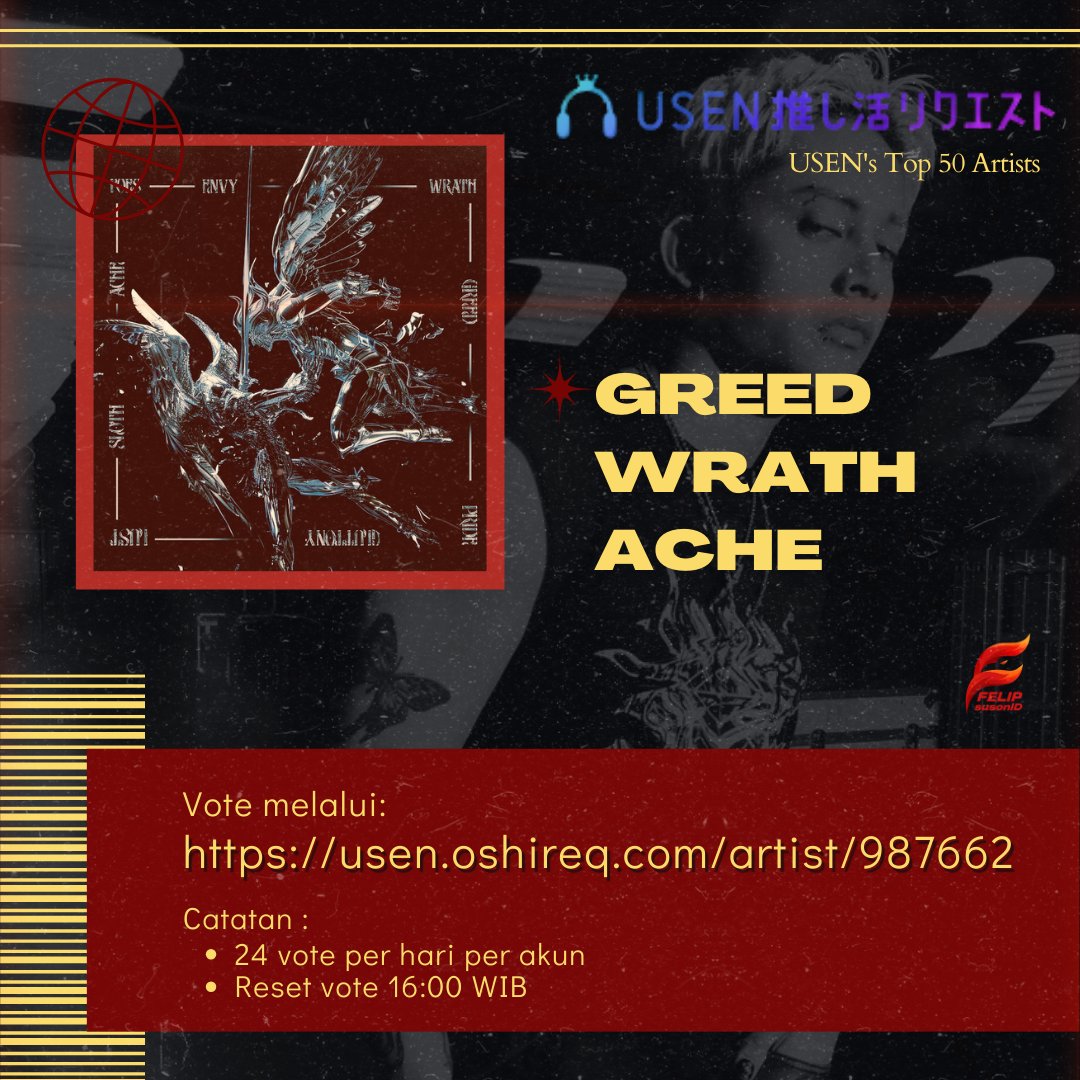 FELIPsusonID's tweet photo. Daily reminder untuk vote lagu-lagu FELIP di USEN 🔥

Vote untuk lagu GREED, WRATH dan ACHE di bawah ini:
🔗 https://t.co/XclQLbAIo1

Mari tunjukkan dukungan kita untuk FELIP setiap harinya⚡

@felipsuperior #FELIP
#フェリップ https://t.co/vJqvQ19HCu