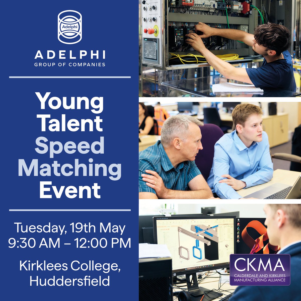 Adelphi_Group's tweet photo. Make It In Manufacturing – Young Talent Speed Matching Event
19 May '26 - 9:30-12:00 - Kirklees College, Huddersfield
Connecting young talent with manufacturing employers in a fast-paced, engaging format. Don’t miss out! https://t.co/M7Ace9KLmT
#Manufacturing #Career #YoungTalent https://t.co/Sm9sqqICP5