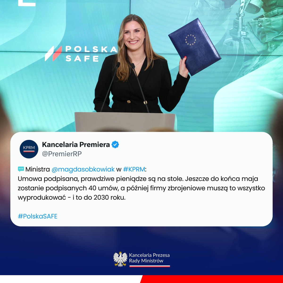 PremierRP's tweet photo. 💬 Pełnomocnik Rządu do spraw Instrumentu na rzecz Zwiększenia Bezpieczeństwa Europy @magdasobkowiak 👇
#PolskaSAFE https://t.co/3umFXdUFdj