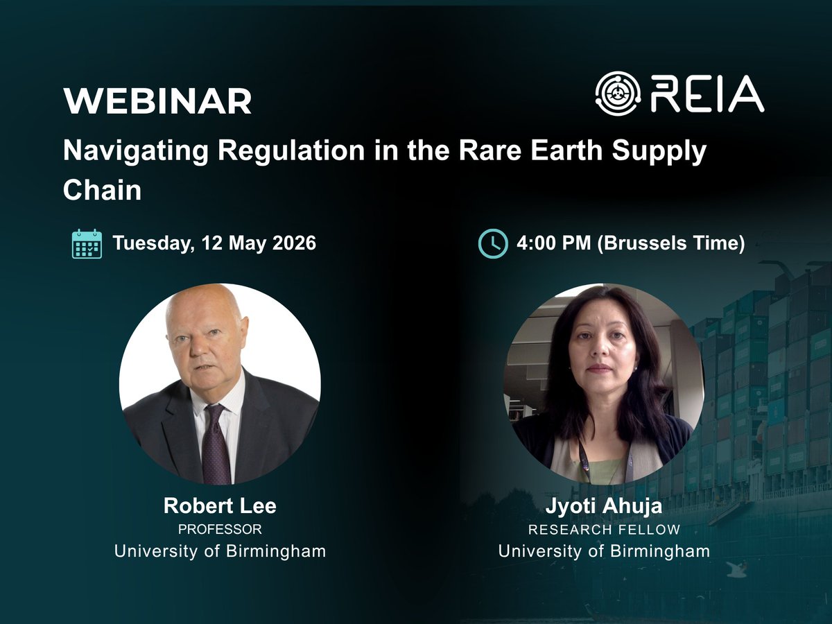 REIA_global's tweet photo. Webinar Reminder: Navigating Regulation in the Rare Earth Supply Chain

📆 12 May 2026
🕟 4:00 PM (CEST)

In this webinar, we analyse categories of trade barriers that hinder global critical minerals trade.

Find out more and register here: https://t.co/rIaw3JamQx https://t.co/JXEnuDgcwM