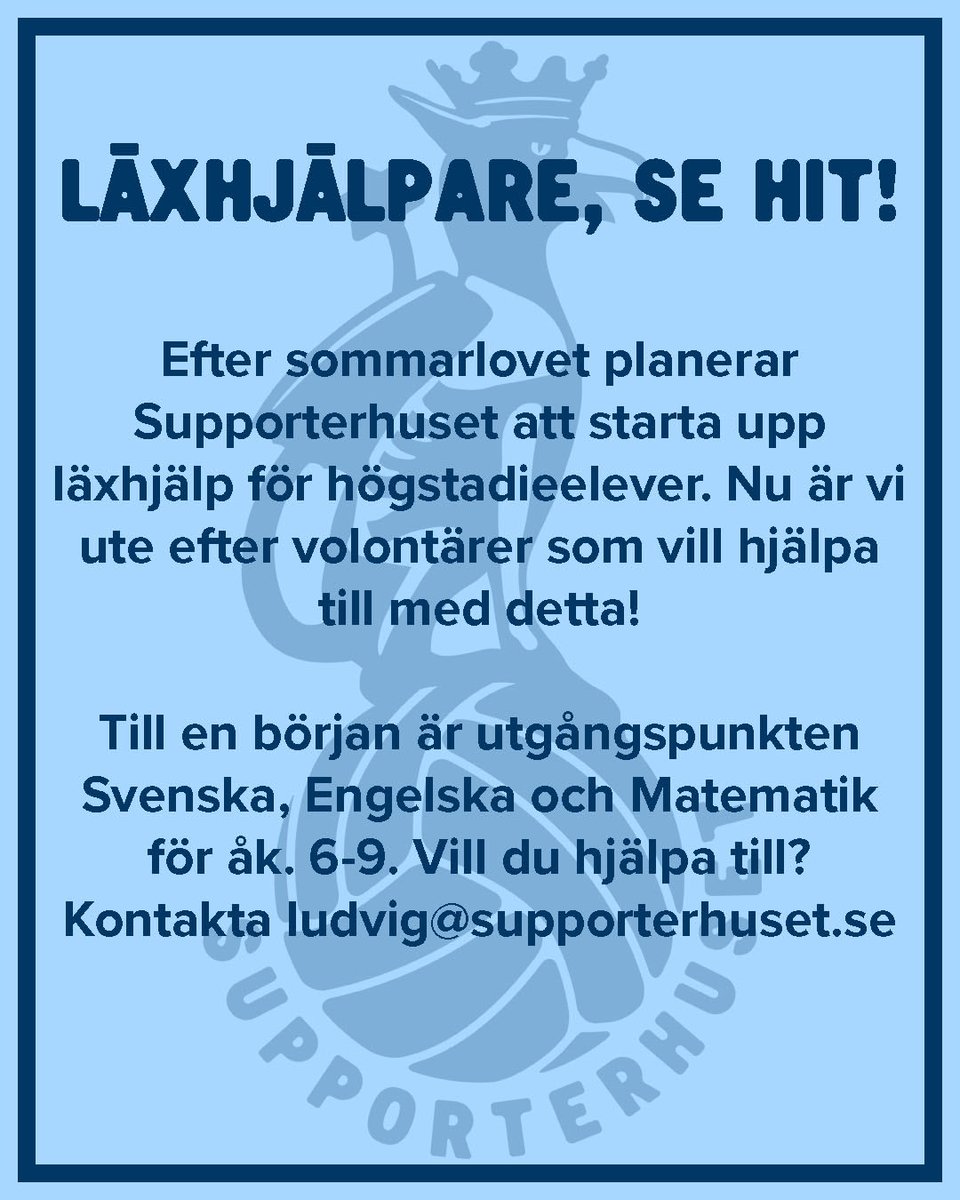 Supporterhuset's tweet photo. Läxhjälpare, se hit! Vi behöver din hjälp👆

#supporterhuset #malmö #möllan #läxhjälp #mff https://t.co/cy2dkkIVrw