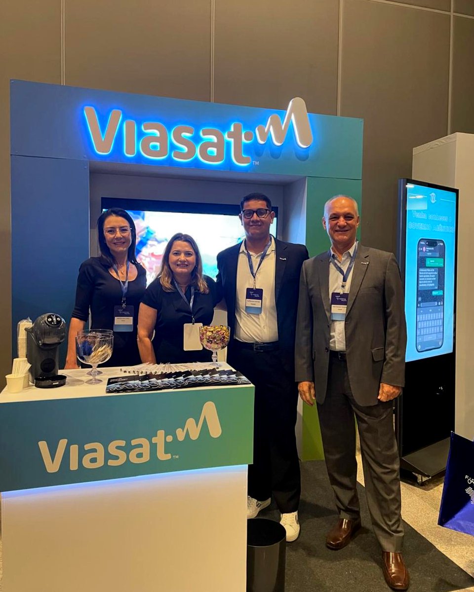 viasat's tweet photo. Connectivity gaps don't close on their own – Viasat's Latin America team had a great time last week at the inaugural @Telebrasbr Conectada event in Brasília to help move the needle on digital inclusion, Direct-to-Device, and our multi-orbit solutions. #Viasat #Telebras https://t.co/Vllj7PVnY4