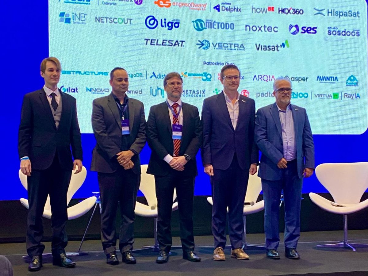viasat's tweet photo. Connectivity gaps don't close on their own – Viasat's Latin America team had a great time last week at the inaugural @Telebrasbr Conectada event in Brasília to help move the needle on digital inclusion, Direct-to-Device, and our multi-orbit solutions. #Viasat #Telebras https://t.co/Vllj7PVnY4