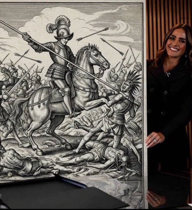 🚫😱Pensé que era una foto con Inteligencia Artificial que alguien había hecho para desprestigiarla.....PERO NOOOOO!!! sí es ella, sí está sonriente junto a un cuadro que escenifica el genocidio que realizó Hernán Cortés....CHASPM✊🖕💩🤮