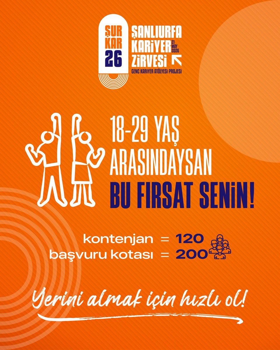 GSB_Sanliurfa's tweet photo. Geleceğini İnşa Etmek İçin İlk Adımı At! 

​"Bu sadece bir eğitim değil, kariyerinin dönüm noktası!" diyerek yola çıkıyoruz. Şanlıurfa’daki gençlerimizin potansiyelini keşfetmesi, yönünü belirlemesi ve profesyonel hayata güçlü bir giriş yapması için Kariyer Atölyesi kapılarını açıyor.

​✅ 4-5 haftalık yoğun ve dolu dolu eğitim
✅ Alanında uzman isimlerden tecrübe aktarımı
✅ Girişimcilikten İslami Finansa, Proje Yönetiminden Savunma Sanayiine geniş müfredat
✅ Ve 2 özel teknik gezi!

​📍 Lansman: 21 Mayıs 2026
📅 İlk Ders: 23 Mayıs 2026

Başvuru Linki;​https://t.co/F9Y0CMHY5p

Not: Kontenjan 120 kişiyle sınırlıdır. Bu fırsatı kaçırmamak için elini çabuk tut!

​#Şanlıurfa #KariyerZirvesi #GençKariyerAtölyesi #Girişimcilik #KariyerYolculuğu #ŞanlıurfaGençlik #GelecekBurada
