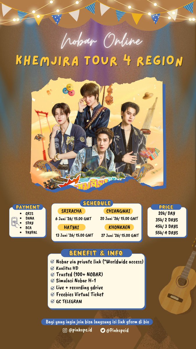 Pinhopeid's tweet photo. OPEN SHARING NOBAR "KHEMJIRA TOUR 4 REGION 🎤✨"

🗓 Day 1 : Sabtu, 06 Juni '26
🗓 Day 2 : Sabtu, 13 Juni '26
🗓 Day 3 : Sabtu, 20 Juni '26
🗓 Day 4 : Sabtu, 26 Juni '26

💰PRICE
IDR 20k/day
IDR 35k/2 days
IDR 45k/3 days
IDR 55k/4 days

#เขมจิราทัวร์สี่ภาค 
#KhemjiraTheSeries https://t.co/hNWwL6m7ng