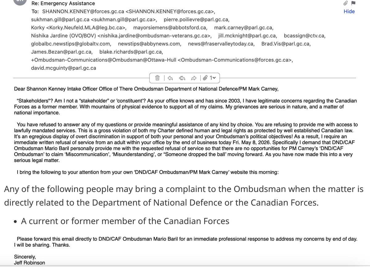 rob15624's tweet photo. Within minutes of sending this email, a member of PM Mark Carney's non-independent, biased, corrupt federal government department- the 'DND/CAF Ombudsman's Office' responded. Issuing a terse, flat out refusal to forward my concerns directly to Mario Baril for proper staffing. https://t.co/uaZ2mKufcP