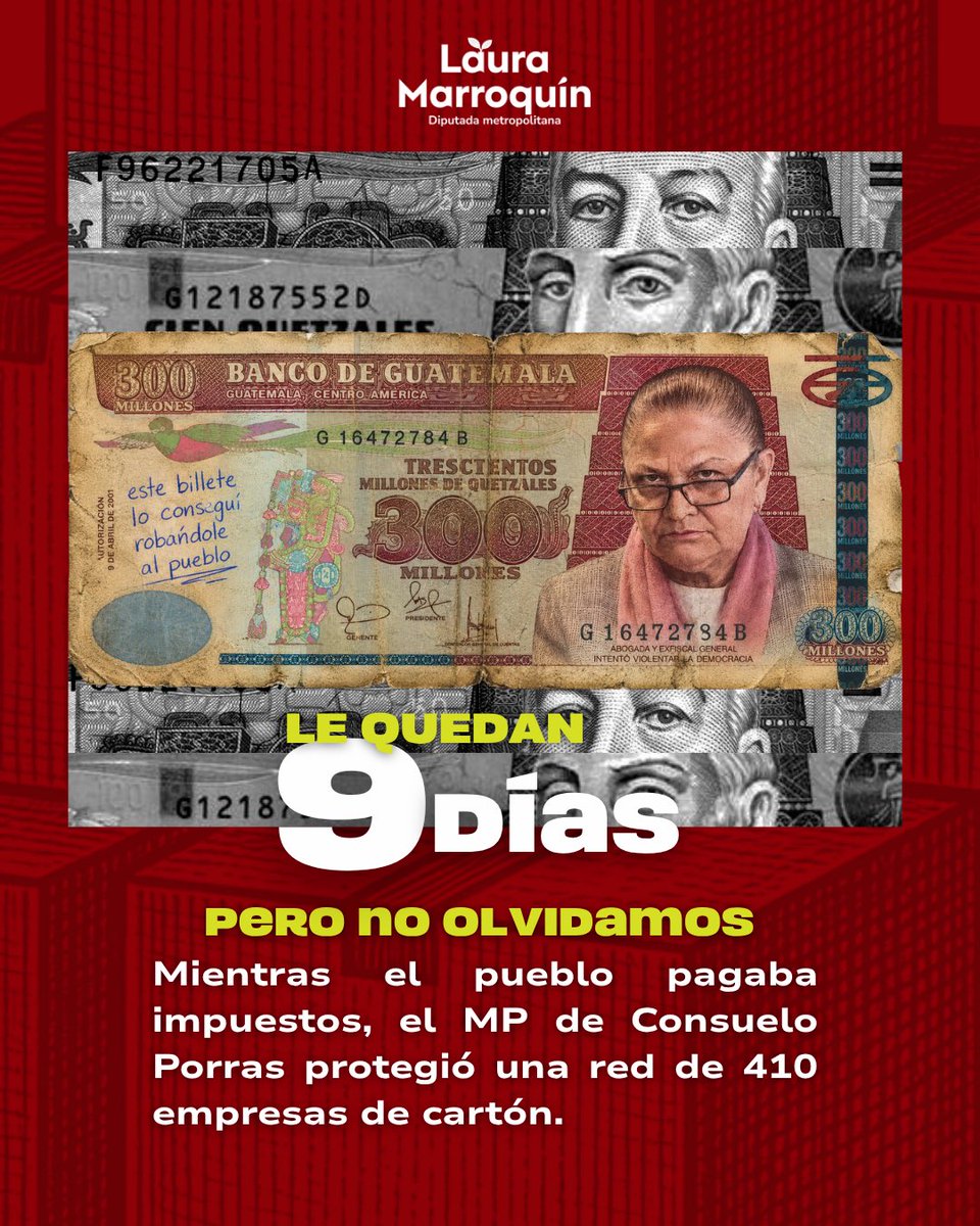 Adiós Consuelo, adiós. 

Mientras miles de guatemaltecos honestos pagaban impuestos, una red de 410 empresas fantasmas defraudaron más de Q300 millones al Estado. 

El Ministerio Público de Consuelo Porras nunca mostró urgencia en investigar y perseguir a los responsables.