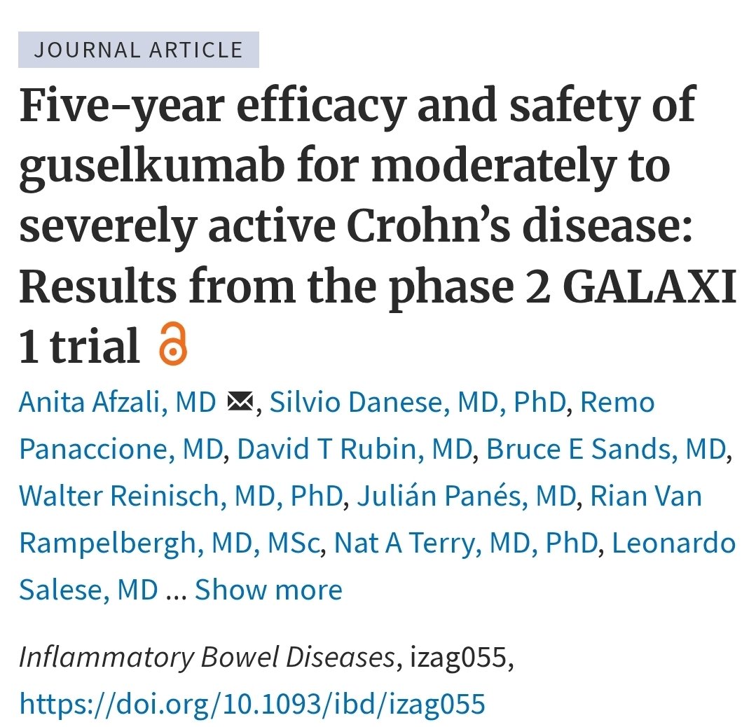 IBD_Afzali's tweet photo. 🚨 Pub Alert @IBDJournals
 5-yr outcomes from Phase 2 GALAXI 1 trial evaluating guselkumab in  #CrohnsDisease
🔑 findings:
✅ Durable clinical efficacy thru 5 yrs
🔬 Sustained endoscopic outcomes
🛡️ Consistent long-term safety profile
📈 Growing evidence supporting IL-23 targeted therapy in #IBD

https://t.co/9HfQCVMpfK

🙌 to all patients, investigators & collaborators involved in this important work