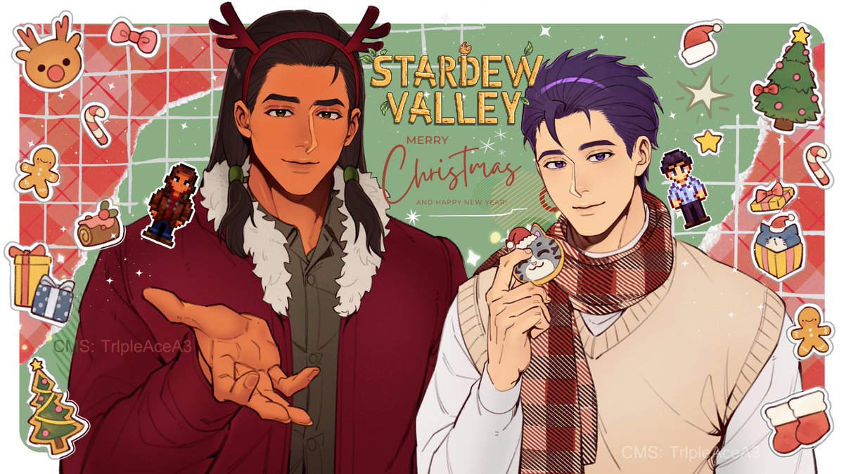 PIRUINU's tweet photo. Posting a Christmas comm in the middle of the year ..don't mind me..💀

but these two are my absolute favorites from the Stardew mod ! ⚡️🍝

Cr: TrIpleAceA3 (BG edit)
#StardewValleyExpanded #Ridgesidevillage #StardewValley https://t.co/7mOObwxh2G