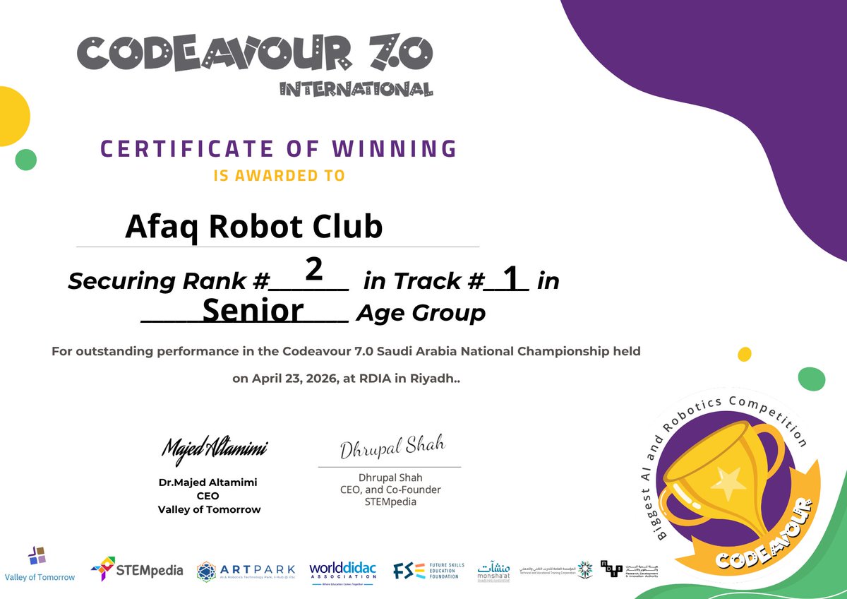 iSchool_Kids's tweet photo. 🏆 الجوائز الأساسية في #Codeavour_07 ✨
نبارك لفريق Afaq Robot Club من مدارس 
@afaqedu2030 حصوله على 🥈 المركز الثاني في Track 1 – Senior Age Groupضمن البطولة الوطنية لـ Codeavour 7.0 🇸🇦🤖
إنجاز يعكس روح الابتكار، والعمل الجماعي، والتميز في مجالات البرمجة والذكاء الاصطناعي 🚀🌟 https://t.co/vEaorbebPr