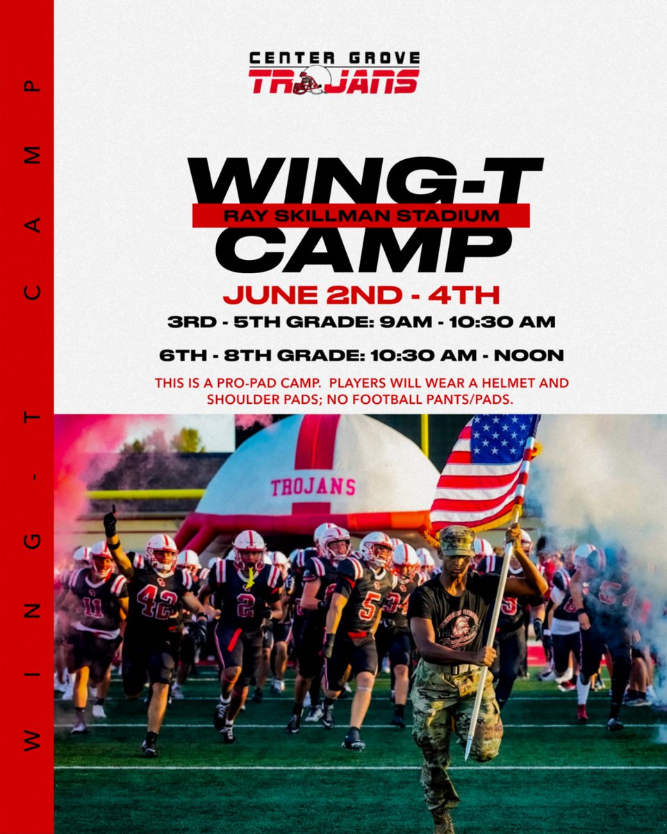 Don't forget to register for Wing-T Camp. The camp is led by the CG High School Football Coaches and runs June 2nd - 4th. All kids grades 3rd - 8th are welcome. More info and registration can be found at: centergroverecruits.com/camps-websites