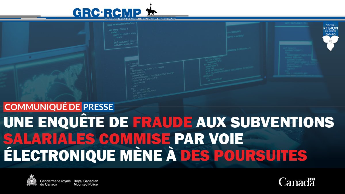 GRCONT's tweet photo. La Police fédérale de la Région du centre de la GRC (Ontario) a déposé des accusations à la suite d’une enquête sur une série de cyberattaques ciblant le programme Subvention salariale d’urgence du Canada (SSUC) du gouvernement du Canada.

Pour en savoir plus 🔗 https://t.co/uXIvdg78M1

#GRCOntario #PoliceFédérale #SécuritéPublique