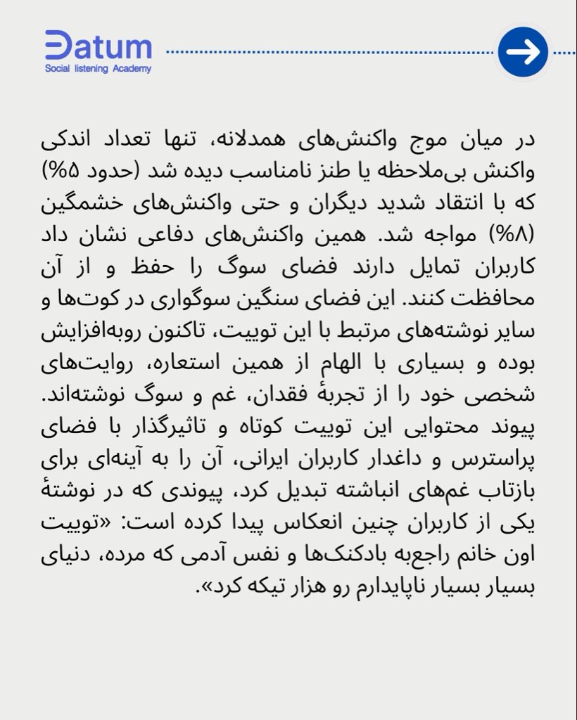 DatumAcademy's tweet photo. ۲/🔹چگونه يك توييت ساده، به يادبودى جمعى براى غم هاى انباشته تبديل شد؟

#آکادمی_دیتوم #دیتوم #سوشال_لیسنینگ #سوشال_مارکتینگ #دیتا_مارکتینگ https://t.co/NhF8riZn4F