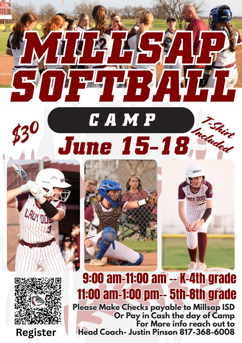MillsapISD's tweet photo. Softball Summer Camp is June 15-18! Sign up your Bulldog for some summer training and fun! 🥎 K-8th graders are welcome.
https://t.co/EQEwsa8hcq https://t.co/qwgSLaLhgq