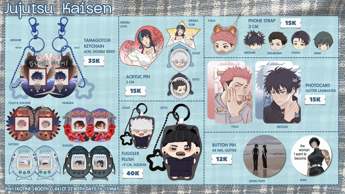 n11kotine's tweet photo. N11KOTINE’s #CF22 catalog &amp; batch 2 pre order :3

🗓️8-12 May 
🐟 Booth G-44 TERIDI
🥊 Jujutsu Kaisen JJK, Frieren, Original : trinkets

(🔁 + 🩷 appreciated!)

🔗 https://t.co/fEmpgp9BsN

#cf22catalog #cf22catalogue https://t.co/6QRZ68u7Ef