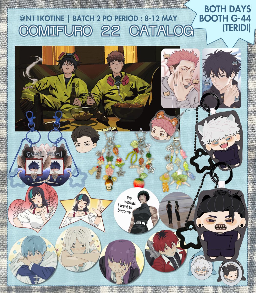 n11kotine's tweet photo. N11KOTINE’s #CF22 catalog &amp; batch 2 pre order :3

🗓️8-12 May 
🐟 Booth G-44 TERIDI
🥊 Jujutsu Kaisen JJK, Frieren, Original : trinkets

(🔁 + 🩷 appreciated!)

🔗 https://t.co/fEmpgp9BsN

#cf22catalog #cf22catalogue https://t.co/6QRZ68u7Ef