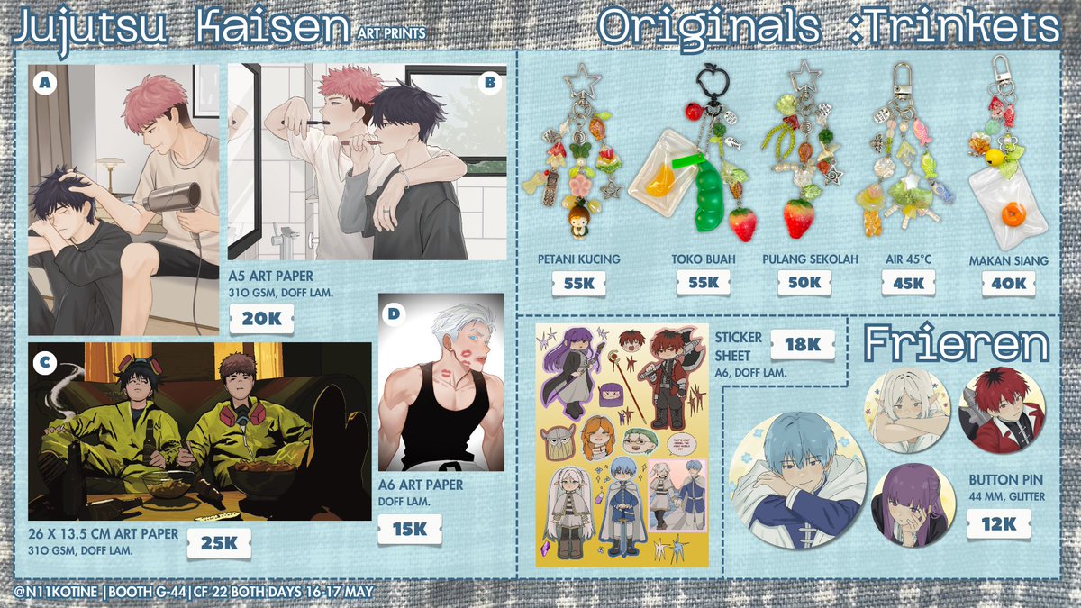 N11KOTINE’s #CF22 catalog &amp; batch 2 pre order :3

🗓️8-12 May 
🐟 Booth G-44 TERIDI
🥊 Jujutsu Kaisen JJK, Frieren, Original : trinkets

(🔁 + 🩷 appreciated!)

🔗 form.jotform.com/kyukokolate/n1…

#cf22catalog #cf22catalogue