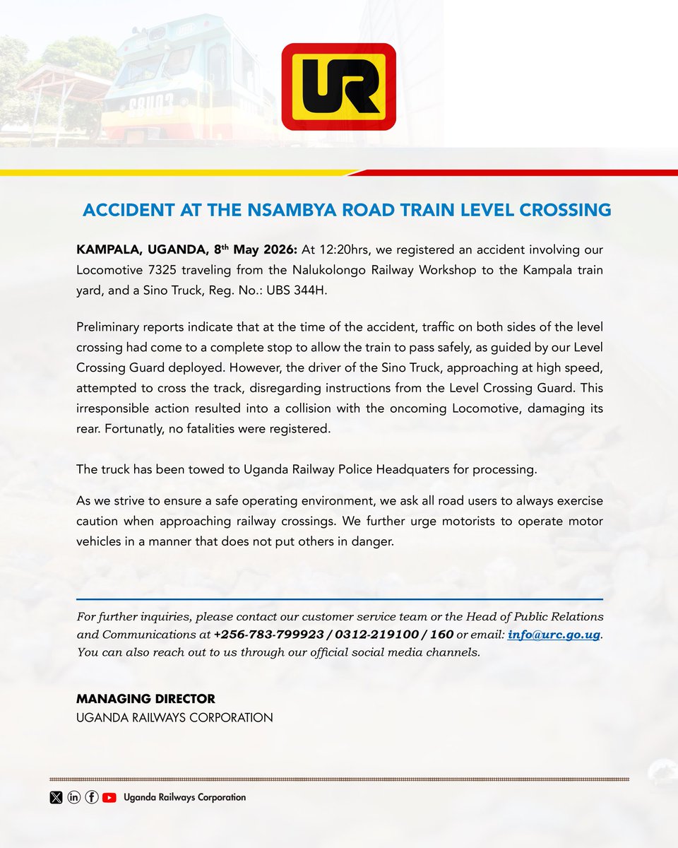 RailwaysUganda's tweet photo. Let us exercise proper judgement on the roads for the safety of everyone. Have a blessed weekend, Comrades. https://t.co/WNvoamADsM