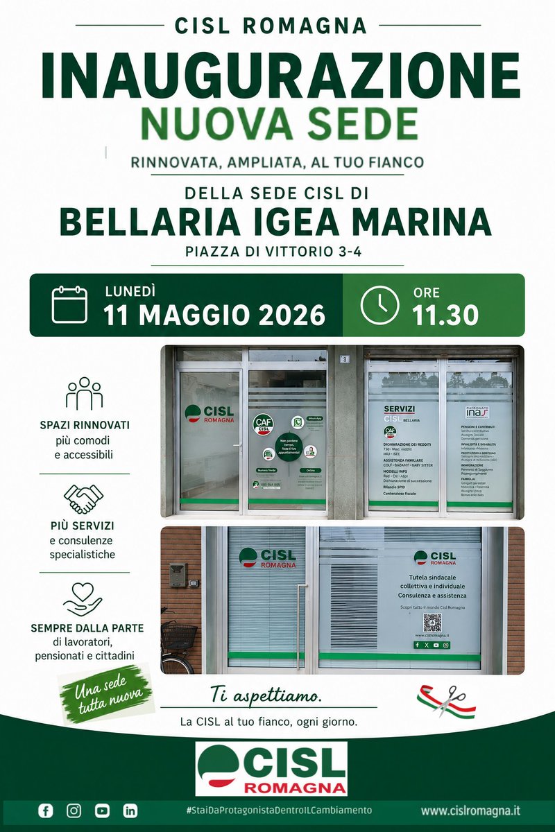 cislromagna's tweet photo. Ci siamo rinnovati! Ti aspettiamo per il taglio del nastro della sede di Bellaria Igea Marina: spazi più ampi, moderni e pronti a offrirti ancora più servizi e consulenze.
📷 Lunedì 11 Maggio 2026
📷 Ore 11:30
📷 Piazza Di Vittorio 3-4
Ti aspettiamo!
#cislromagna #bellaria https://t.co/Xtb40pFrcp