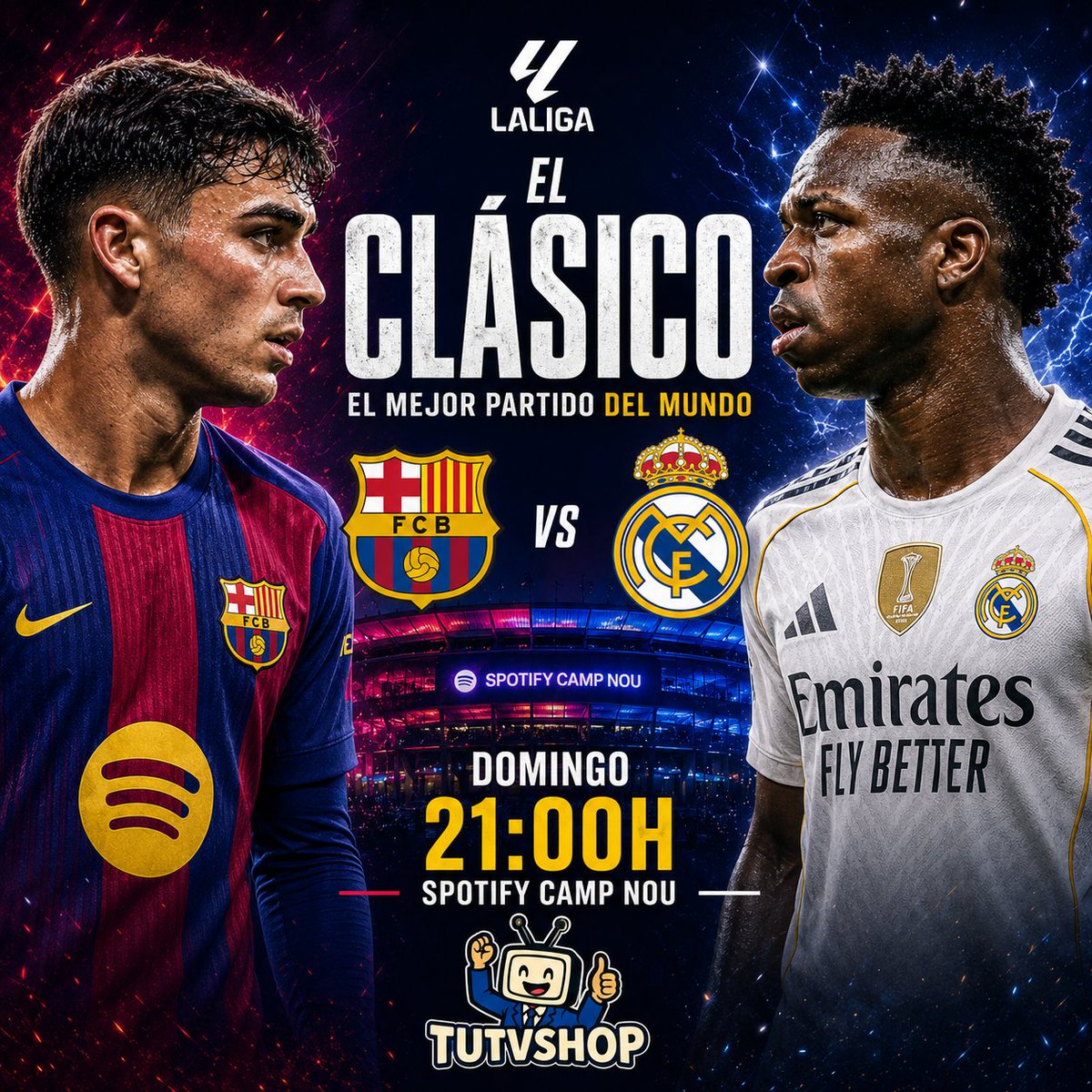 TUTEUVESHOPES's tweet photo. DOMINGO DE CLÁSICO 🚨

🔥 El partido más grande del mundo ya está aquí

🔵🔴 FC Barcelona 🆚 Real Madrid ⚪
🕘 21:00H
🏟️ Spotify Camp Nou

🏆 Al Barça con el empate le vale para llevarse el título de Liga! Lo conseguirás?

⚽ Disfrútalo EN DIRECTO a través de #TUTVSHOP https://t.co/Shs2qVEesW