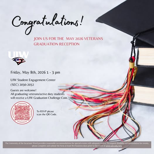 UIWMVC's tweet photo. Join us at the Veterans Graduation Reception &amp; celebrate this incredible milestone with the MVC team! Come enjoy the celebration, connect with fellow graduates, and let us honor your hard work and success. We can’t wait to celebrate YOU! 🎉👏🎓🇺🇸 #uiwmvc #UIW #uiwcardinals https://t.co/aLo0728ipR