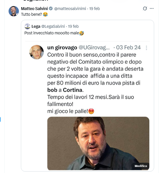 Il tempo è galantuomo 📌📌📌📌
Oggi la Corte dei Conti del Veneto ha aperto un
indagine sulla pista da bob.
Nel mirino i danni per l'impianto.
Tutto bene <a href="/matteosalvinimi/">Matteo Salvini</a> 

<a href="/bravimabasta/">Luca Bottura</a>